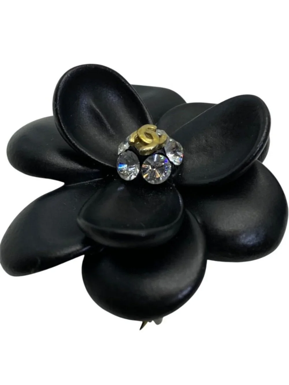 Chanel 02A Brooch CC Logo Camellia Flower Motif Rhinestone Metal Black